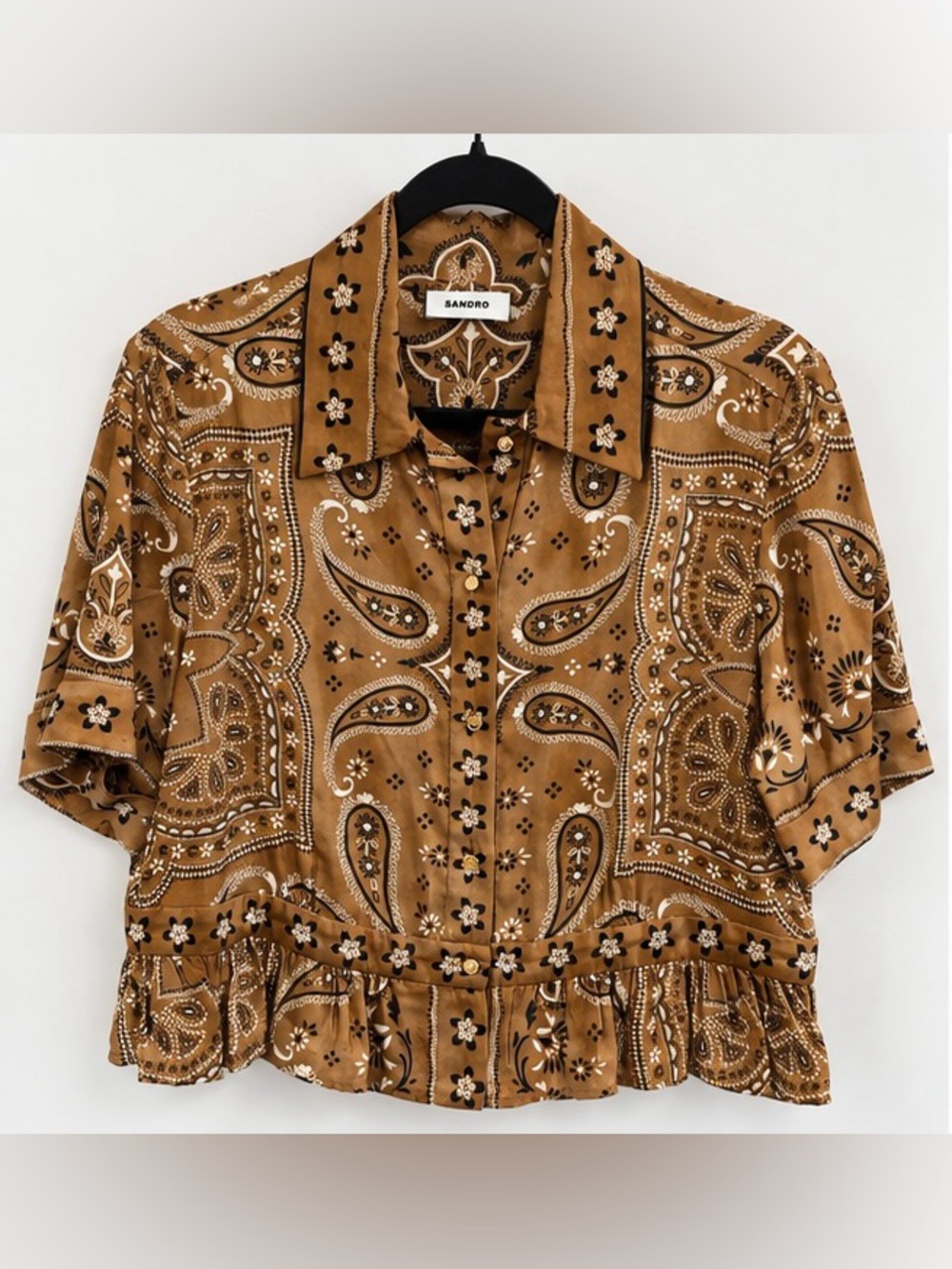 Sandro Paisley Ruffle Hem Button-Front Blouse – Size 3